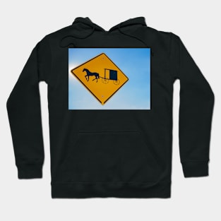 Amish traditional horse and buggy road sign yellow on blue background Hoodie